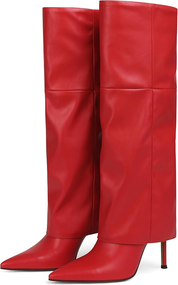 Oiamenne Women's Fold Over Boots Knee High Boots for Women Pointed Toe Stiletto Heel Long Boots S... | Amazon (US)