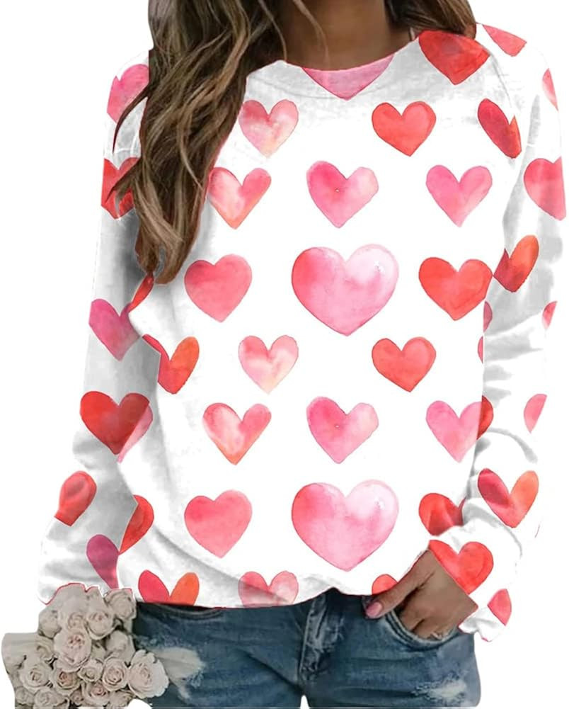 Women Valentine's Day Sweatshirts Long Sleeve Love Heart Printed Tshirt Casual Loose Crewneck Hol... | Amazon (US)