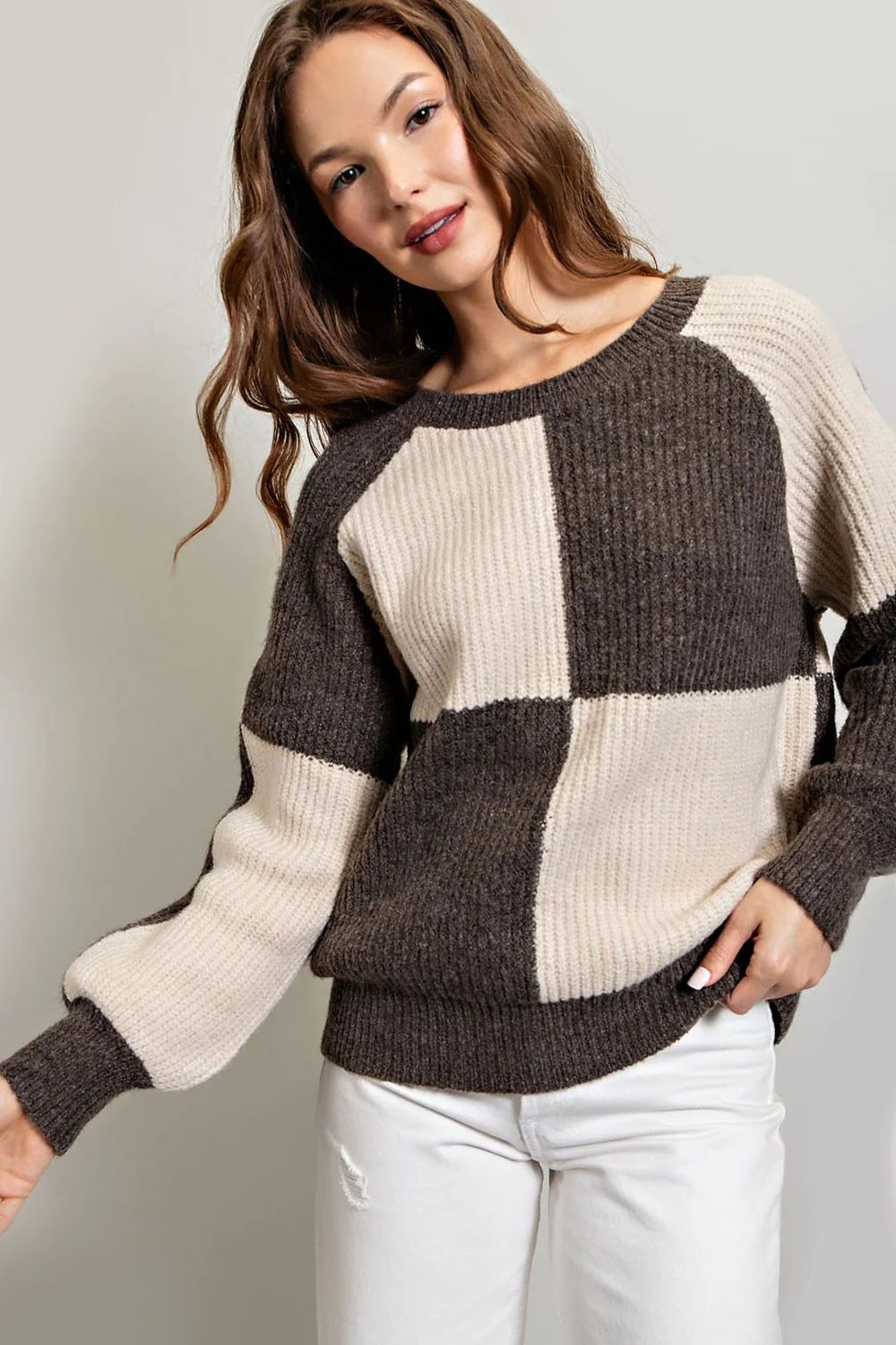Brown Checkered Long Sleeve Sweater | PinkBlush Maternity