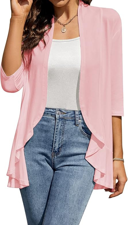 HOCOSIT Womens Casual Open Front Cardigans Lightweight Drape Ruffles 3/4 Sleeve Cardigan S-XXL | Amazon (US)