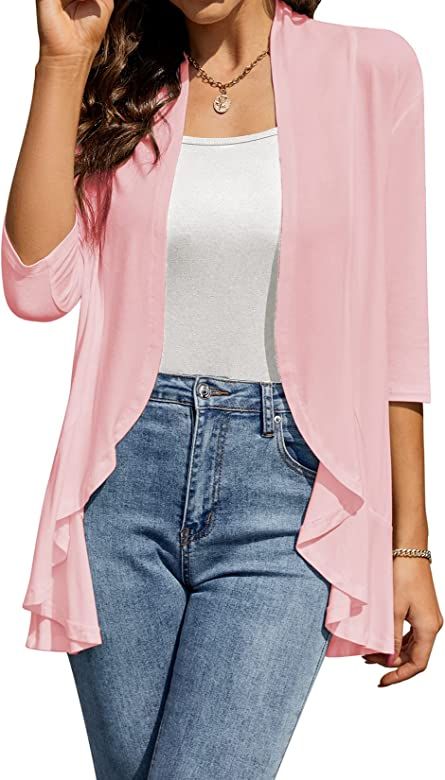 HOCOSIT Womens Casual Open Front Cardigans Lightweight Drape Ruffles 3/4 Sleeve Cardigan S-XXL | Amazon (US)