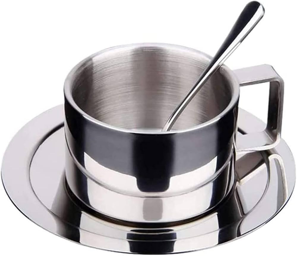 280ml Coffee Cup Saucer Spoon Set, Stainless Steel Double Wall Coffee Cups Anti-Fall Afternoon Te... | Amazon (US)