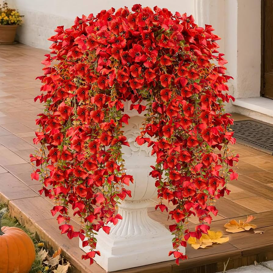 Artificial Fall Hanging Flowers Plants for Outdoors, 2Pcs Faux Silk Fake Hydrangea Mums for Autum... | Amazon (US)