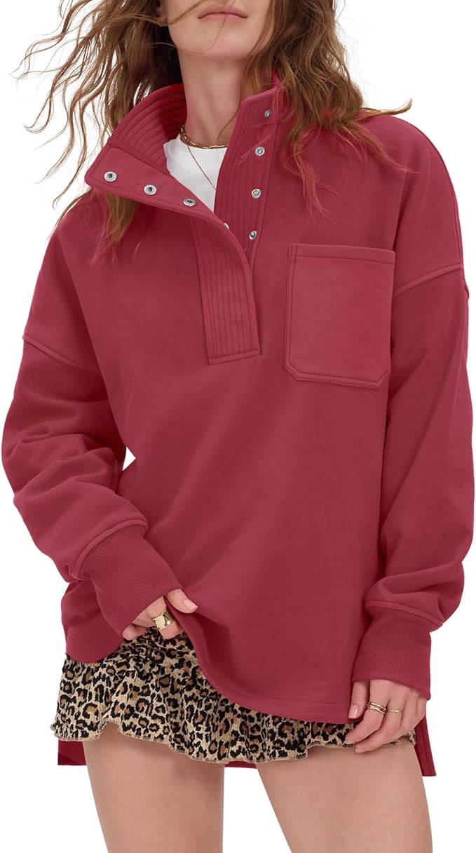 Locachy Womens Casual Oversized Sweatshirt Long Sleeve Button Henley Neck Pullover Tops Fashion O... | Amazon (US)