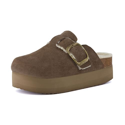 CUSHIONAIRE Women's Granola Fur Genuine Suede Faux Fur Lined Cork Footbed Platform Clog with +Comfort, Wide Widths Available, Taupe 8.5 | Amazon (US)