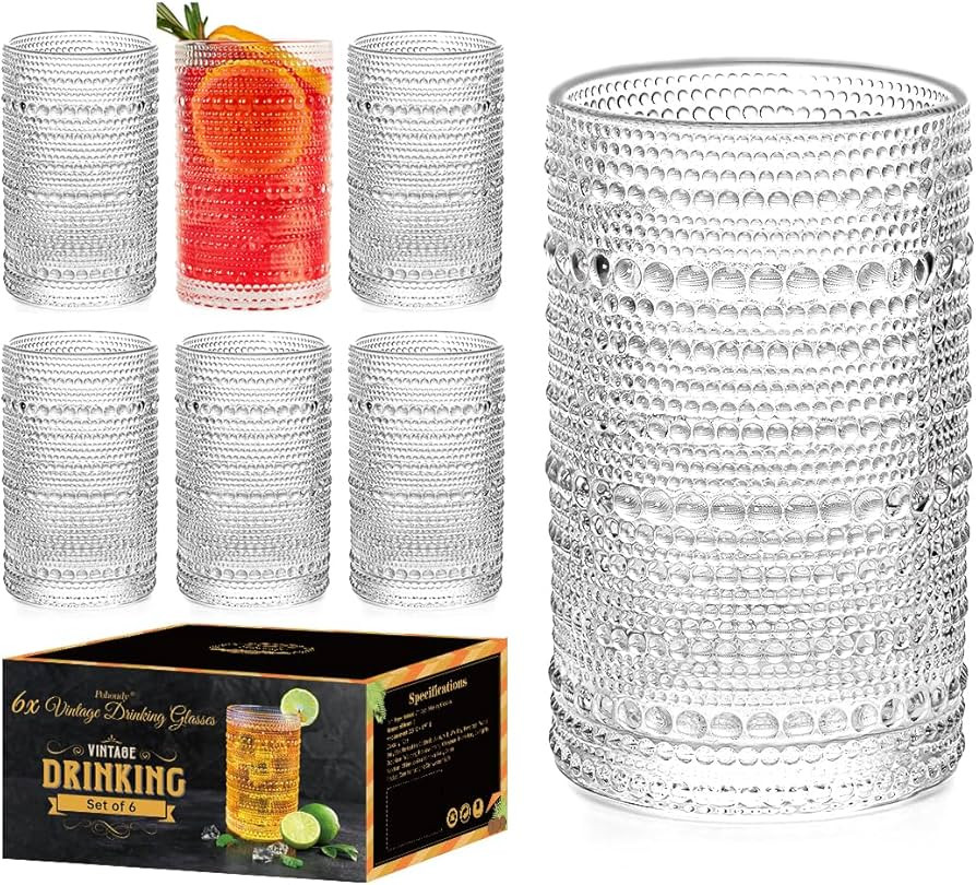 Hobnail Drinking Glasses set of 6, 12oz Vintage Beaded Highball Glasses, Clear Retro Kitchen Glas... | Amazon (US)