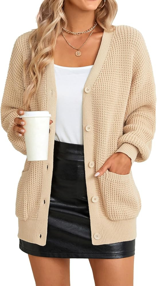 QUALFORT Cardigan Sweaters for Women 100% Cotton Button-Down Oversized Knit Cardigans with Pockets for Fall Winter Trendy | Amazon (US)