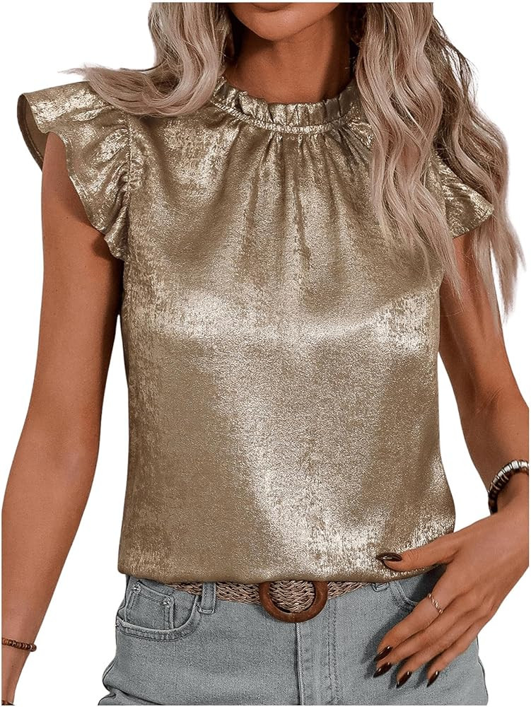 OYOANGLE Women's Metallic Ruffle Cap Sleeve Mock Neck Blouse Frill Trim Party Holiday Tops | Amazon (US)