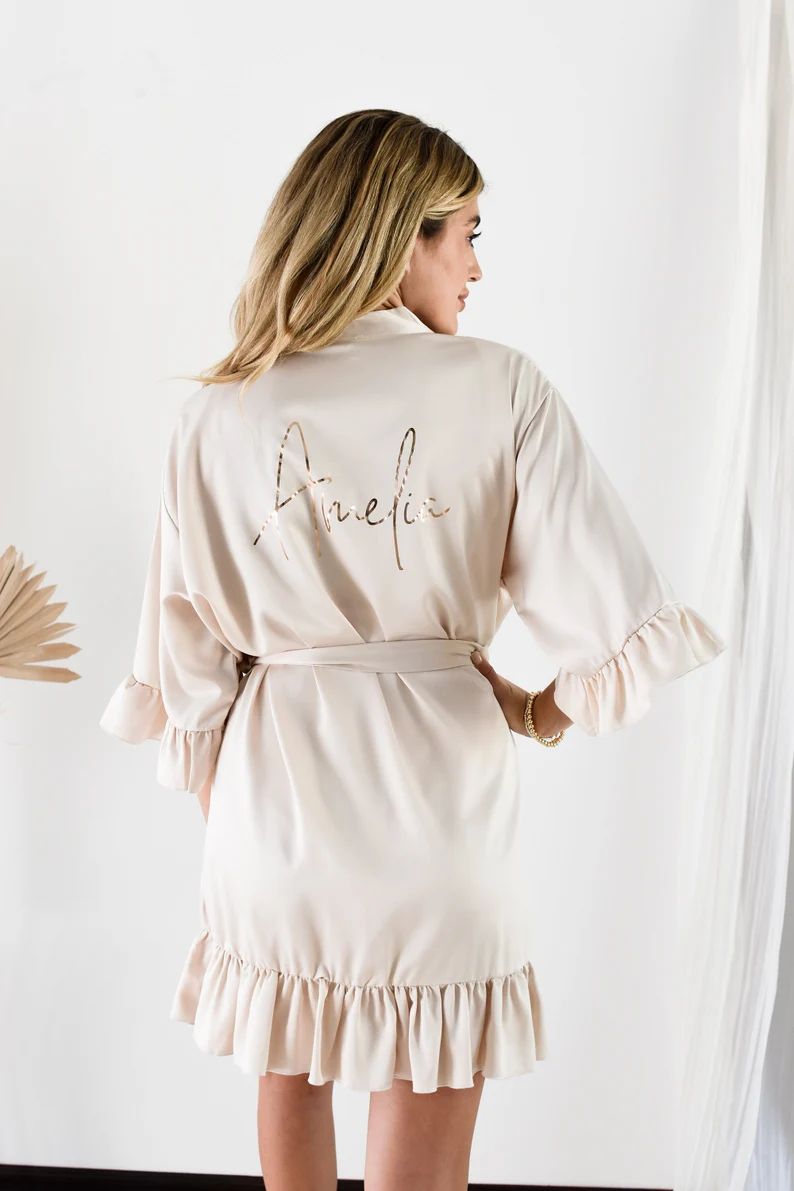 Champagne Robes for Bridesmaid Ruffle Robes Personalized Bridesmaid Robes with Names Satin Bridal... | Etsy (US)