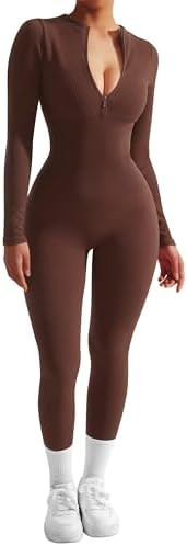 SUUKSESS Women Long Sleeve Ribbed Jumpsuit Zip up Front Workout Bodycon Romper | Amazon (US)
