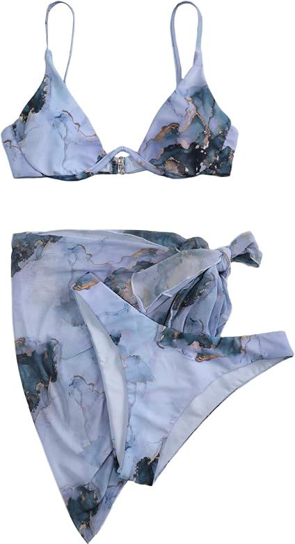 SheIn Women's 3 Piece Tie Dye Underwire Bikini Set Swimsuit and Cover Up Beach Skirt | Amazon (US)