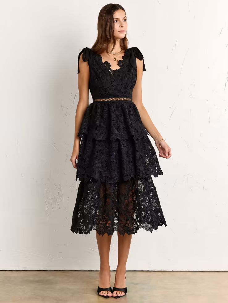 Floral-Crochet Tiered Tie-Shoulder Dress - Just Me | New York & Company