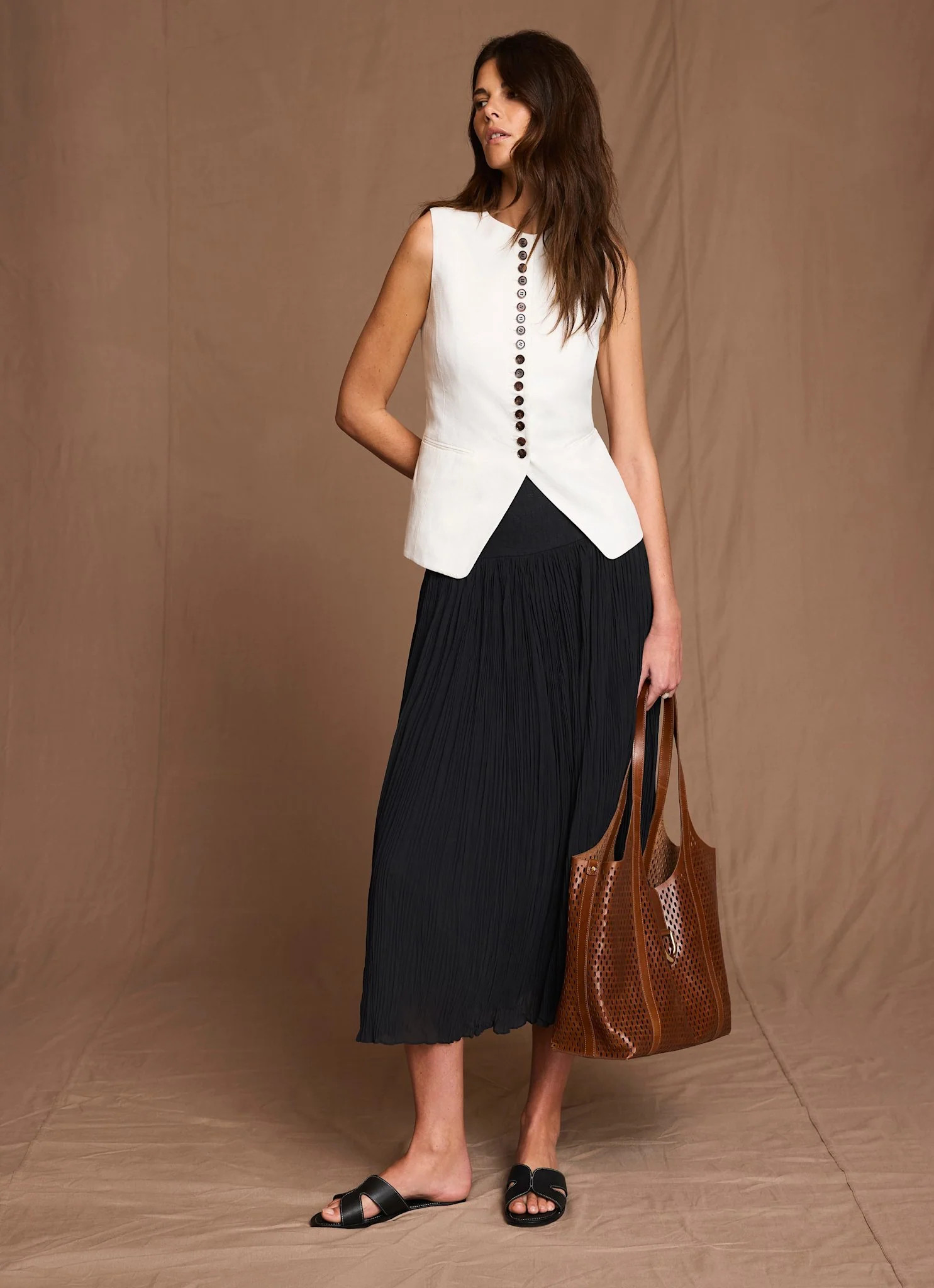 Black Drop Waist Crinkle Midi Skirt | Mint Velvet