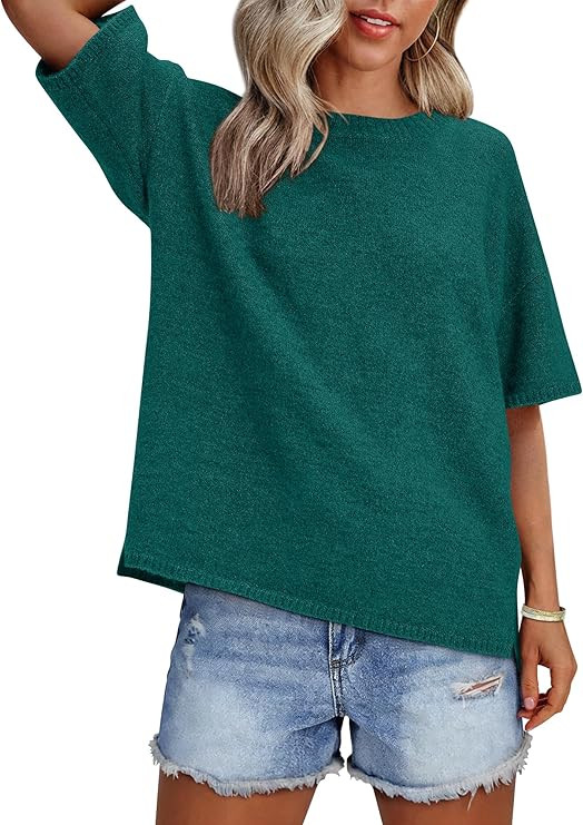 ANRABESS Womens Short Sleeve Sweater Oversized Lightweight Business Casual Tops Crewneck Soft Kni... | Amazon (US)