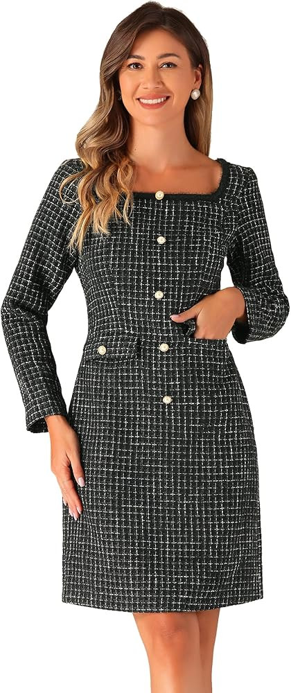Allegra K Long Sleeve Tweed Dresses for Women's Square Neck Elegant Cocktail Plaid Dress | Amazon (US)