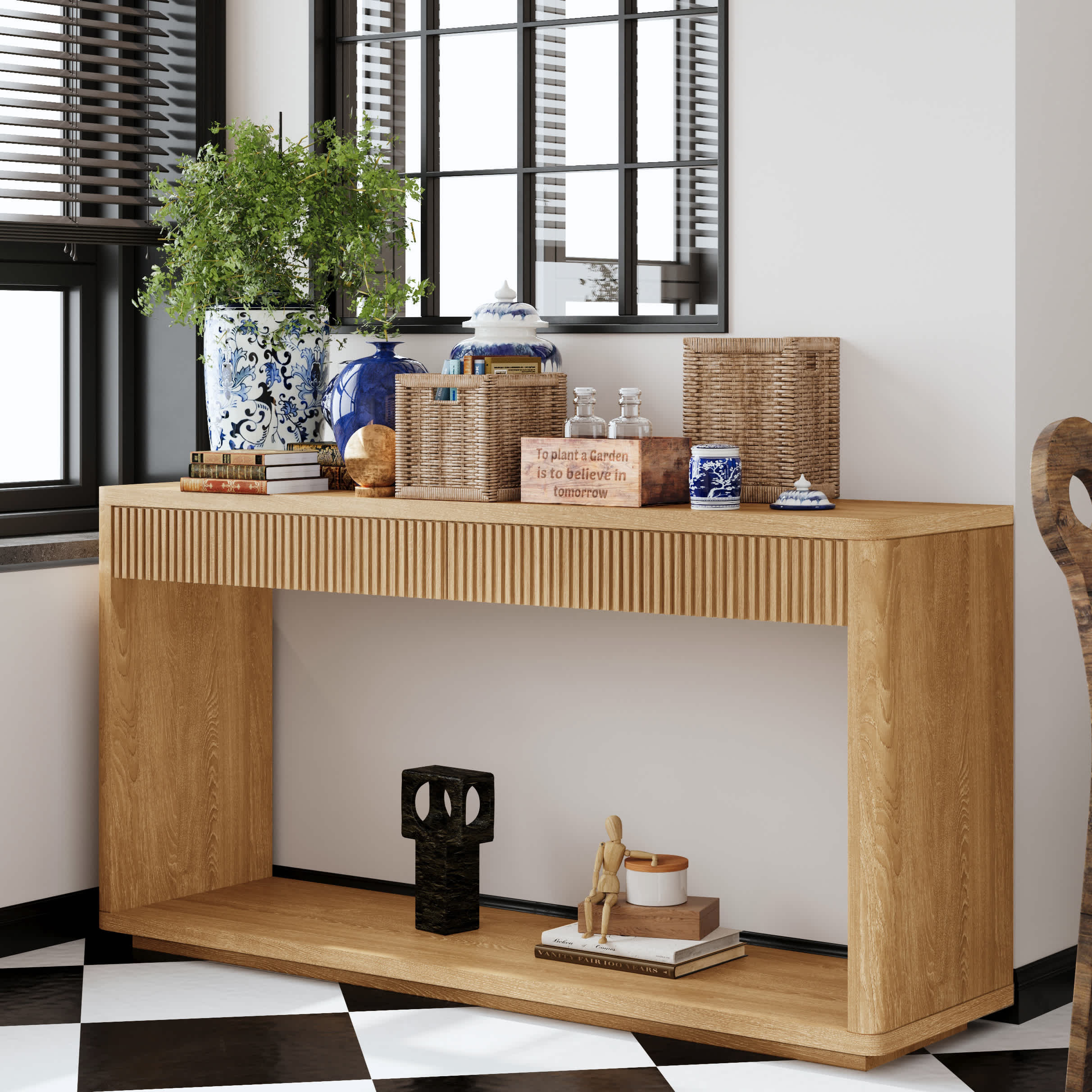 Vynxaria 60 Inch Modern 2 Drawer Fluted Console Table Natural Wood Veneer MDF 80LBS Capacity Sofa Table For Living Room Entryway Natural one_size | Lowe's