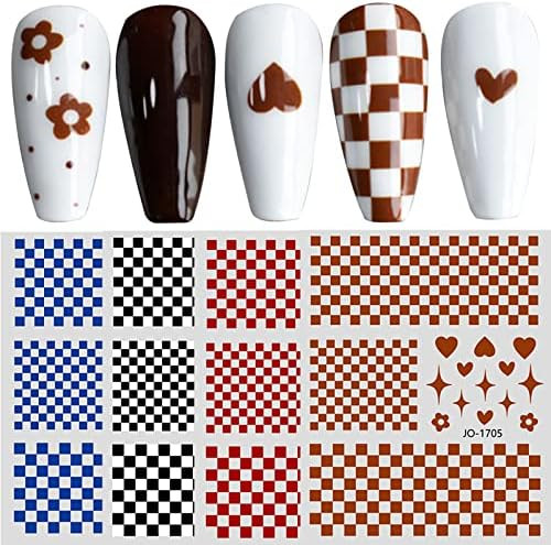 6 Sheets French Tip Checkerboard Nail Stickers 3D Self-Adhesive Nail Art Decal Checkered Nail Design | Amazon (US)