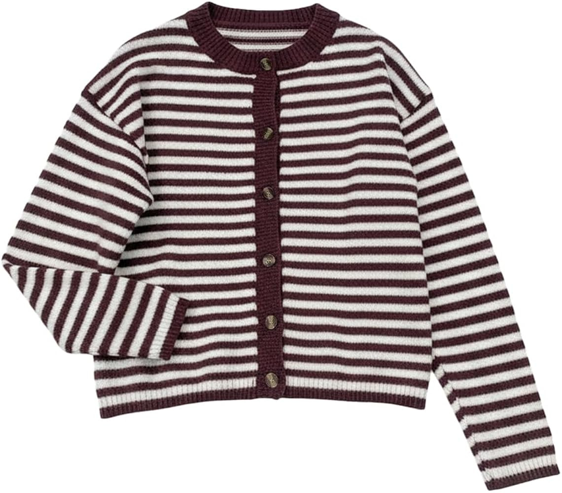 GORGLITTER Women's Striped Button Up Fall Cardigan 2025 Dressy Cozy Long Sleeve Crewneck Fall Fas... | Amazon (US)