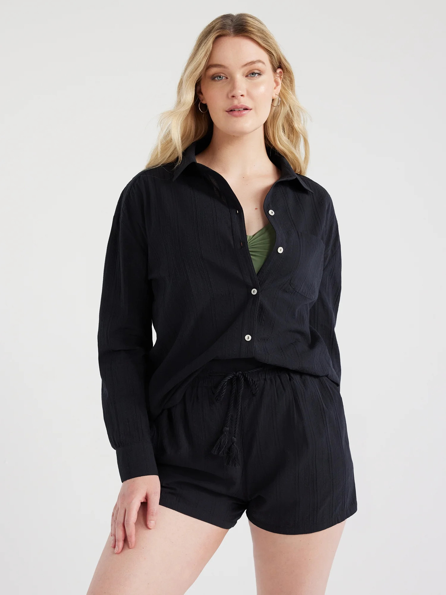 Time and Tru Women's and Women's Plus Cotton Button Front Coverup Shirt, Sizes XS-3X | Walmart (US)