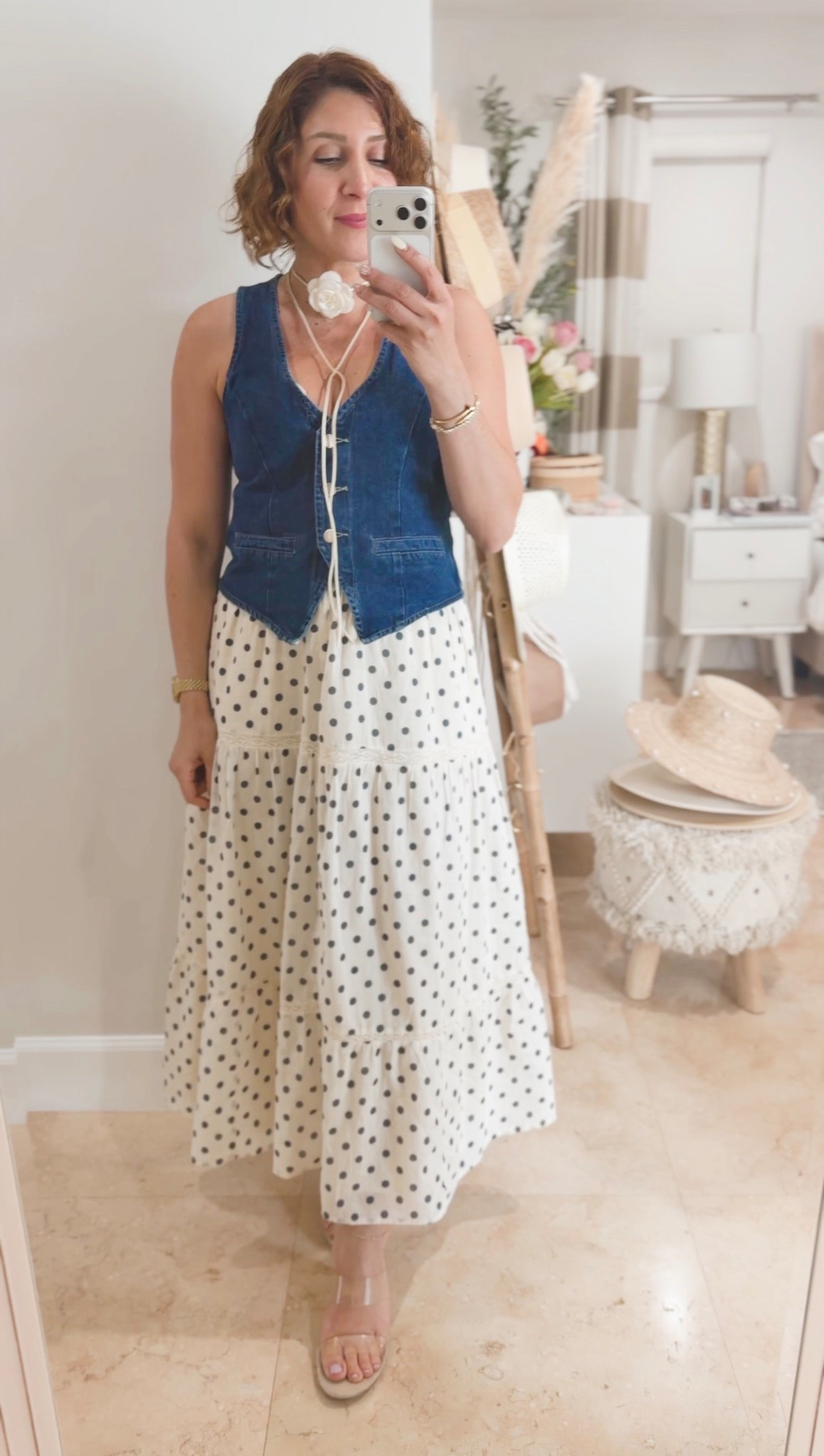 Denim best with polka dot maxi skirt 