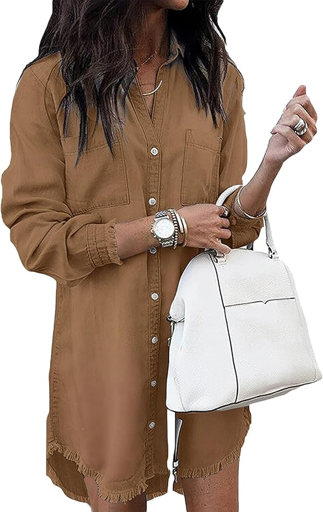 Zilcremo Women Denim Shirt Dresses Long Sleeve Distressed Jean Dress Button Down Casual Tunic Top | Amazon (US)