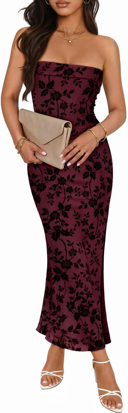 MEROKEETY Women's 2026 Summer Floral Strapless Dress Bodycon Tube Slit Mesh Wedding Guest Cocktai... | Amazon (US)