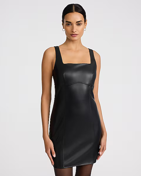 Faux Leather Square Neck Sleeveless Seamed Mini Dress | Express