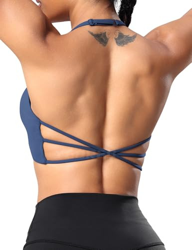 YEOREO Women's Sports Bra Halter Workout Sports Bra Strappy Criss Cross Back Bra Removable Padded Yoga Crop Top Navy S | Amazon (US)