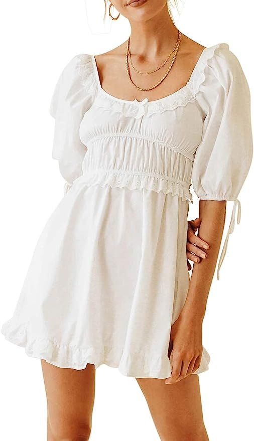 R.Vivimos Women's Casual A-Line Puff Sleeve Dress Square Neck Pleated Ruffles Mini Dress | Amazon (UK)