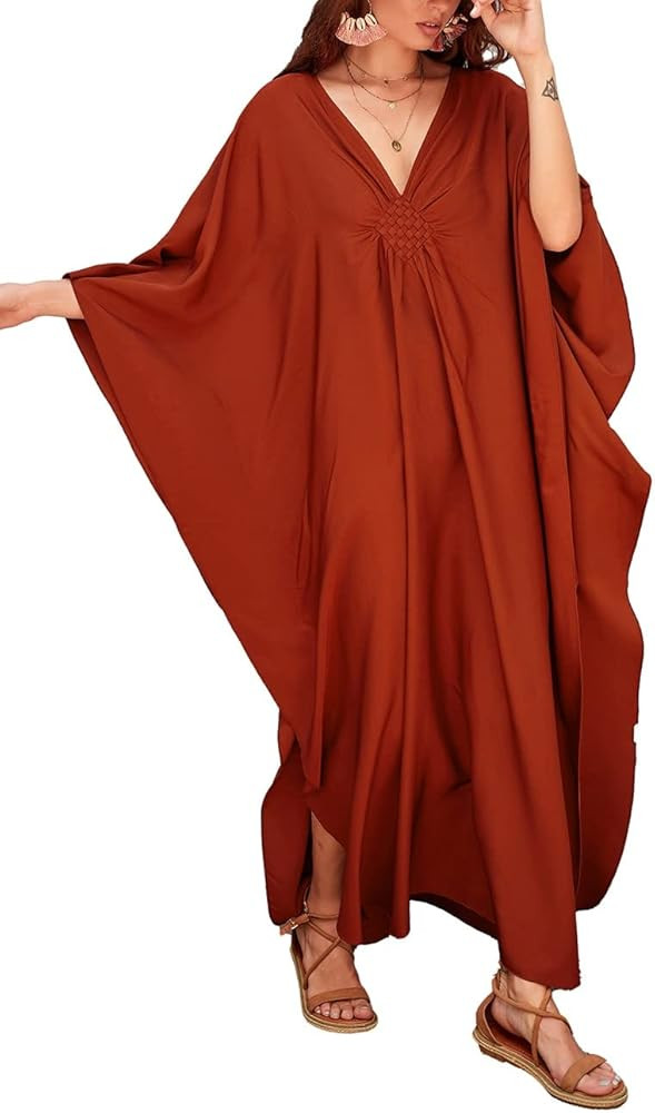 Bsubseach Women Solid Color Cover Up V Neck Batwing Sleeve Plus Size Beach Kaftan Dresses | Amazon (US)