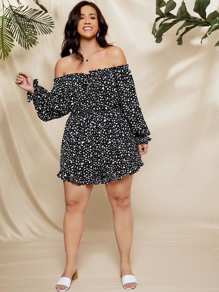 SHEIN Plus Off Shoulder Tie Front Ruffle Trim Romper | SHEIN