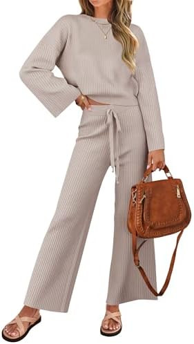 ZESICA Women's 2 Piece Outfits Set 2026 Casual Long Sleeve Knit Pullover Top and Wide Leg Pants S... | Amazon (US)