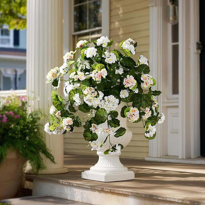 Artificial Geranium Flowers for Outdoor 2 Pcs Artificial White Flower Fake Flowers with Stems Sil... | Amazon (US)