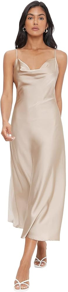 Floerns Women's Spaghetti Strap Cowl Neck Long Slip Satin Silk Midi Dress | Amazon (US)