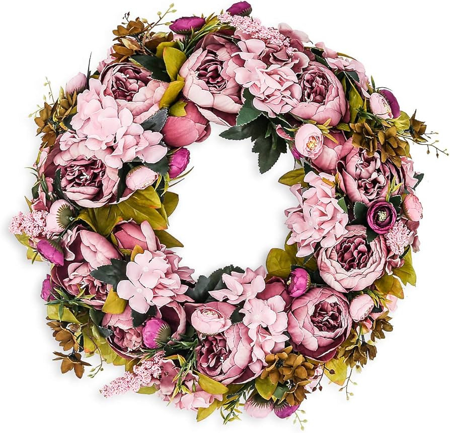 BOMAROLAN Artificial Peony Flower Wreath 19Inch Vintage Blooming Silk Peonies Spring Summer Fall ... | Amazon (US)