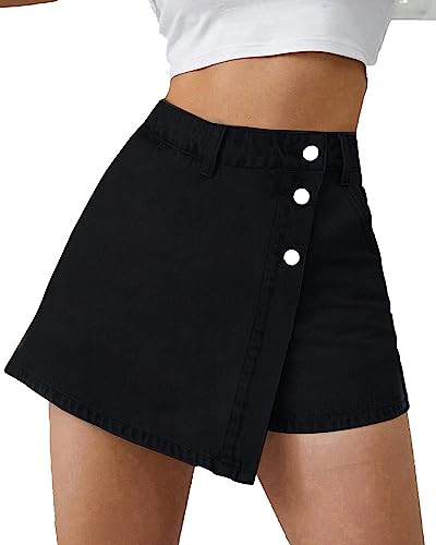 Flvsun Denim Shorts Women Casual High Waisted Solid Button Up Asymmetrical Denim Jean Skort Skirt Mini Shorts Black XL | Amazon (US)