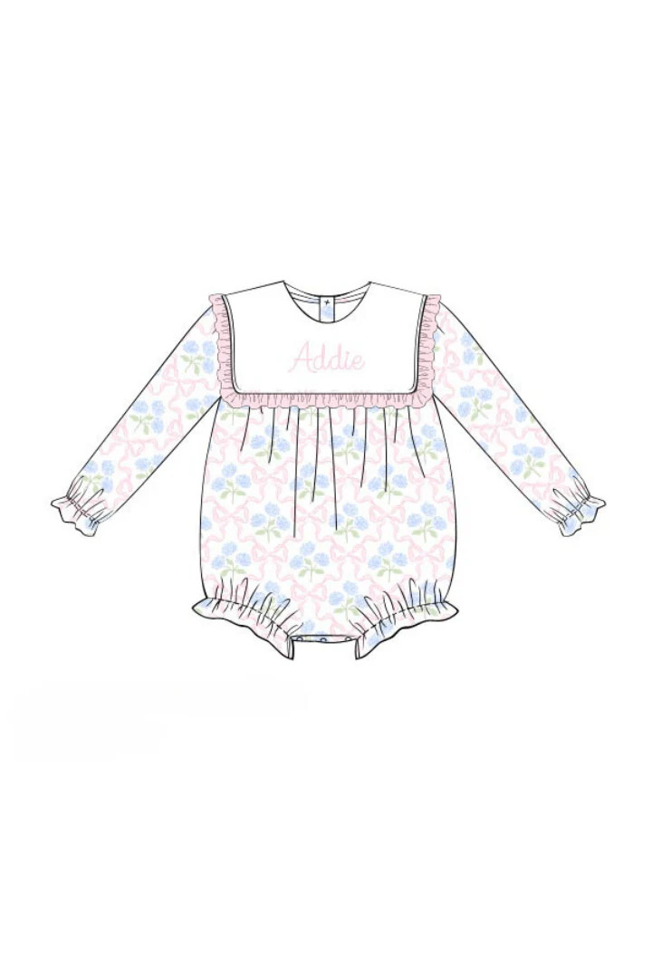 Pre-Order Custom Embroidered Floral Bow Bubble | The Smocked Flamingo