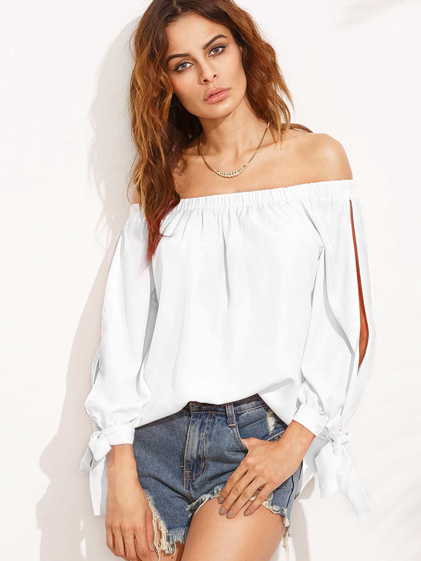 Split Self Tie Sleeve Bardot Top | SHEIN