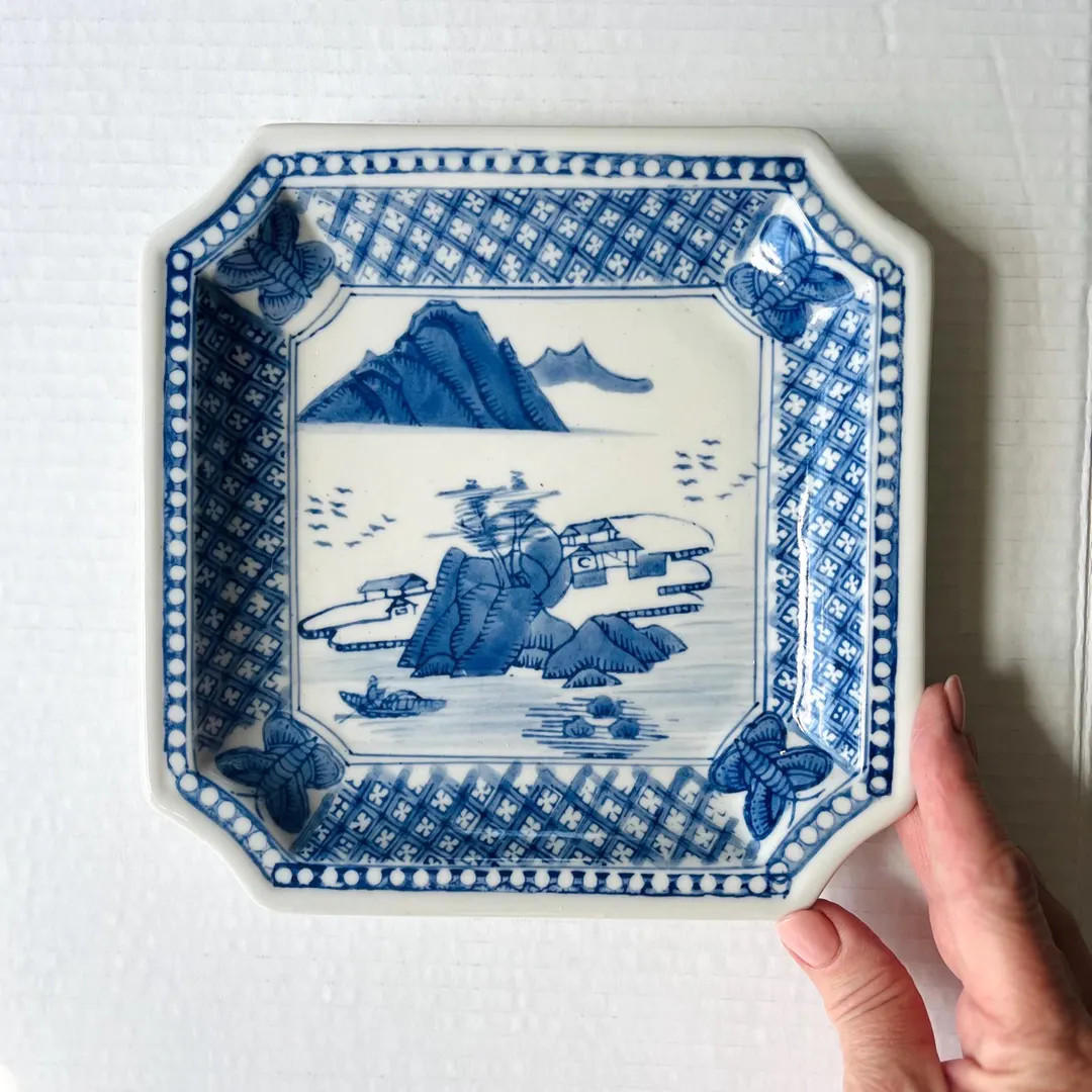 Vintage Chinoiserie Porcelain Octagon Plate: Blue and White landscape scene with basket weave and... | Etsy (US)