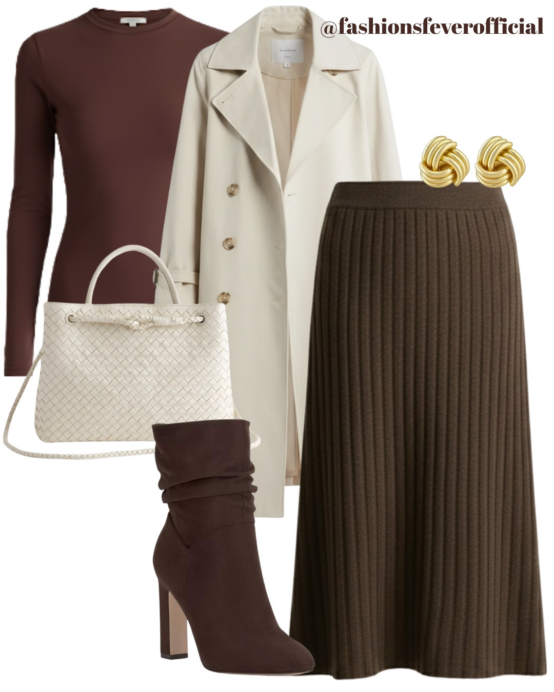 Effortless neutrals with a cozy-chic feel.
A chocolate brown knit top layered with a crisp soft cream trench coat creates the perfect balance of soft and structured. Paired with a pleated brown midi skirt for elegant movement, this look is timeless and flattering. Finished with classic brown boots, a woven ivory handbag, and gold knot earrings for a subtle touch of polish. Perfect for workdays, brunch dates, or elevated everyday style.
#ltkfashion #neutrals #capsule

#LTKWorkwear #LTKSeasonal