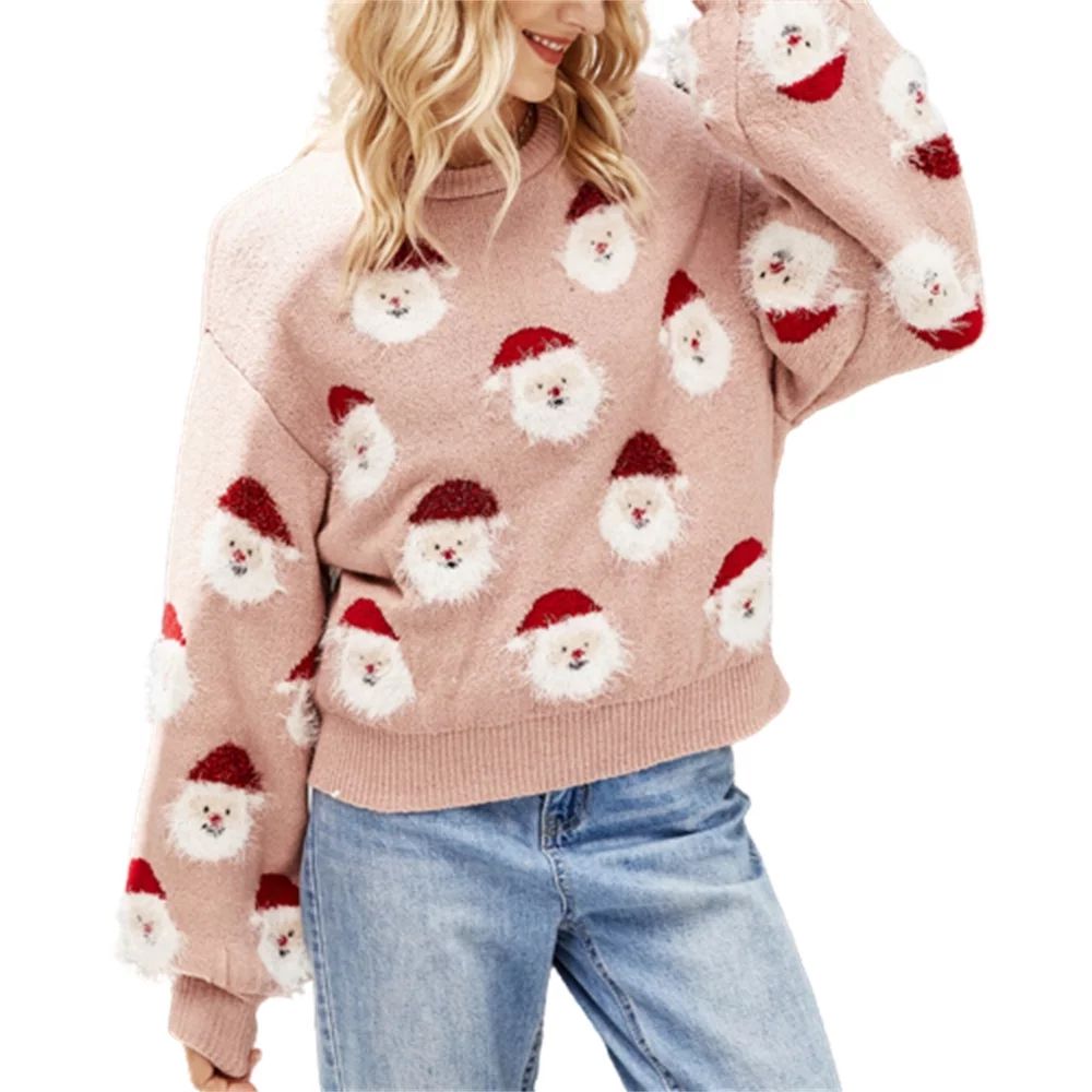 Christmas Sweater Women Cute Santa Christmas Sweater Warm Knitted O-neck Sweater  M Pink | Walmart (US)