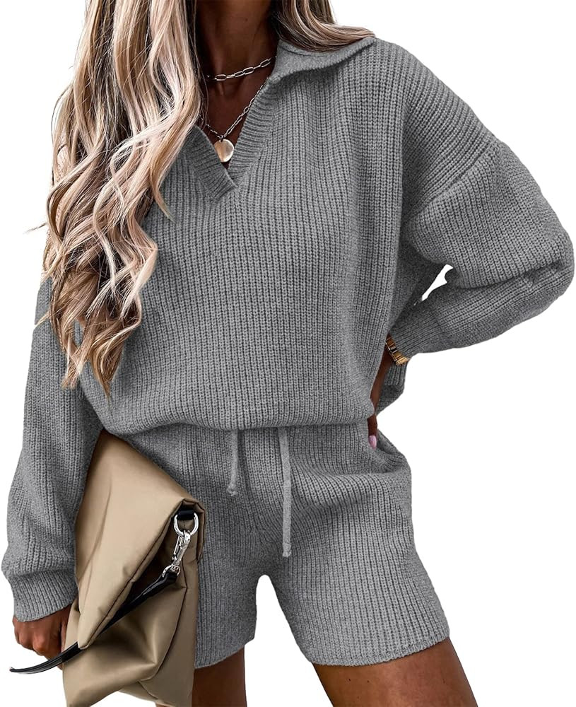PRETTYGARDEN Women's 2 Piece Outfits 2024 Winter Long Sleeve V Neck Knit Pullover And Shorts Swea... | Amazon (US)
