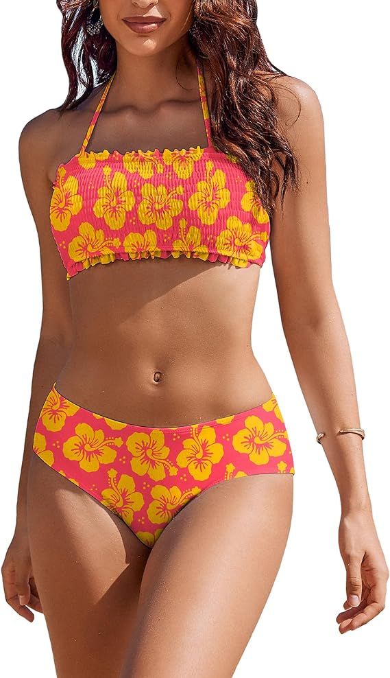AI'MAGE Bikini Set for Women Two Piece Swimsuit Bandeau Mid-Waisted Floral Ruched Bathing Suit wi... | Amazon (US)