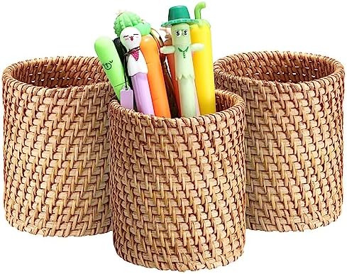BTSKY 3 Pack Rattan Pen Cup, Handmade Desk Pencil Holders Makeup Brush Holder Multi-Functional Wo... | Amazon (US)