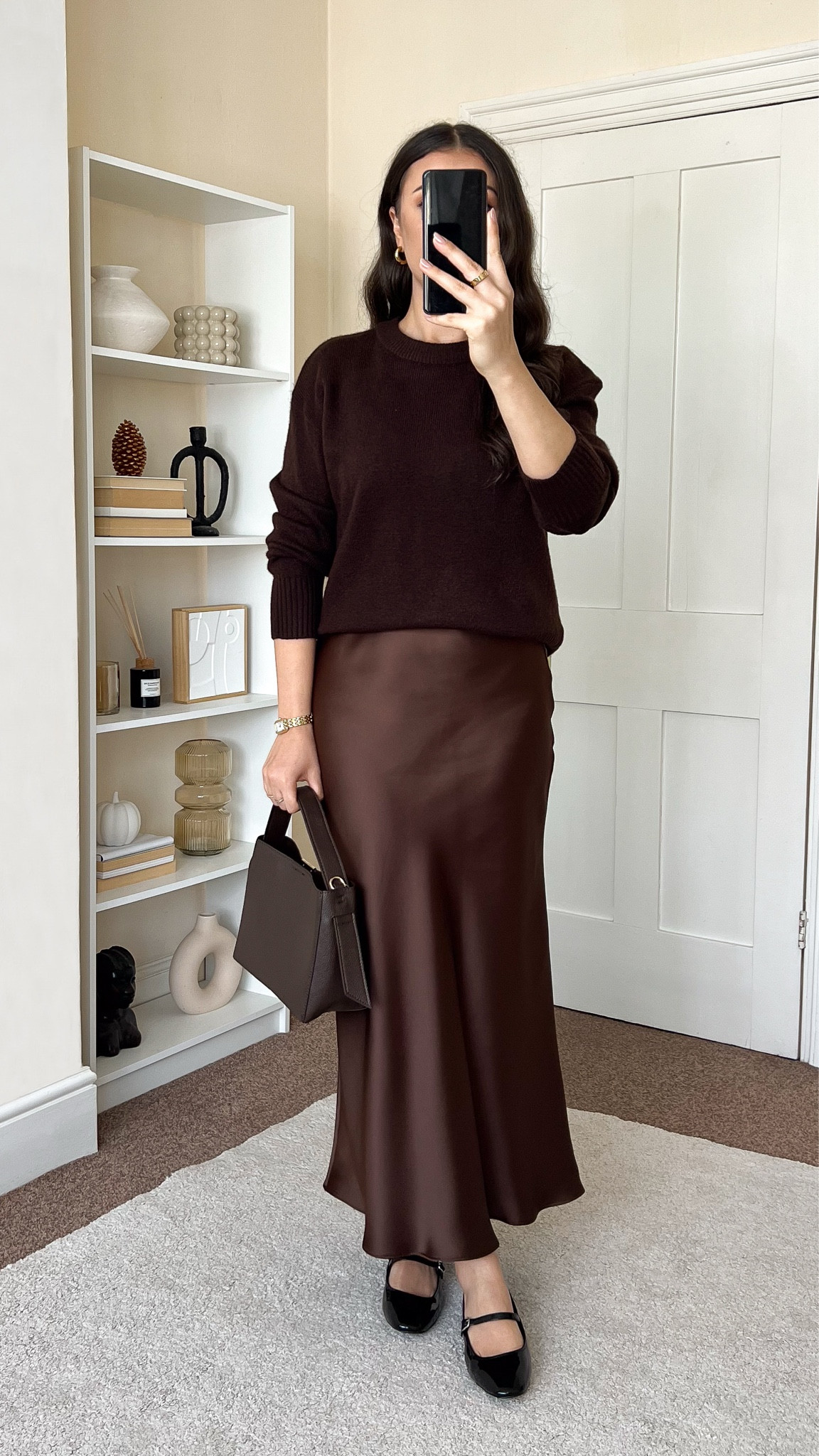 Smart casual monochromatic transitional outfit. Skirt is New Look, wearing size UK10. Jumper is New Look, wearing size S. Flats are Mango. Bag is New Look.

#LTKstyletip #LTKuk #LTKautumn