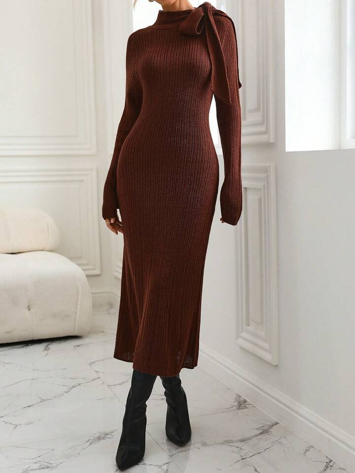 SHEIN Frenchy Knot Neck Ribbed Knit Sweater Dress | SHEIN