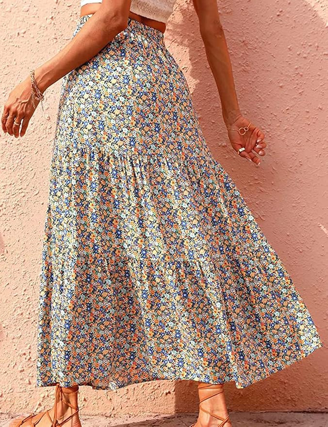 waliwoli Womens Boho Floral Print Maxi Skirt Elastic Waist Ruffles Long Skirts Vintage A-Line Big... | Amazon (UK)