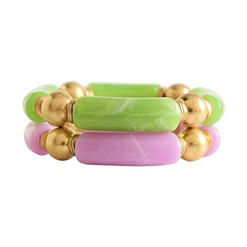 Amazon.com: LALAPPLE Gold Plated Beaded Acrylic Bamboo Tube Bangle Bracelets for Women, Colorful ... | Amazon (US)