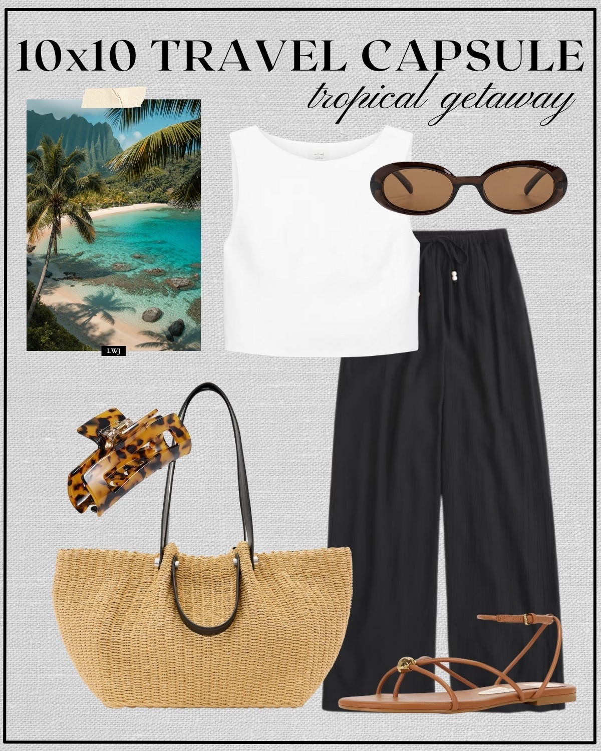 tropical getaway outfit

white linen crop top / black pull on pants / straw tote / tortoise shell hair claw / strappy sandals / sunglasses / beach outfit  

 

#LTKTravel