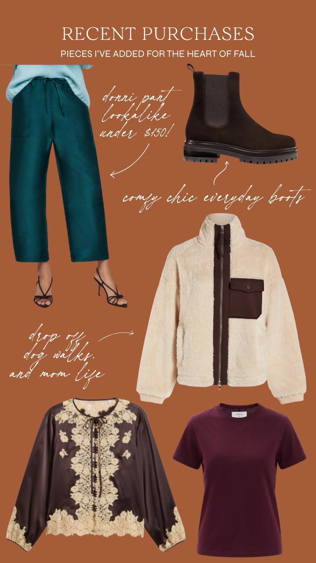Recent fall purchases 🍂 A comfy chic everyday boot, cozy @Varley sherpa for mom life and errands, a blouse for events, my favorite tee in oxblood, and @Anthropologie new taffeta pants under $150! Lots of color options and will be cute for the holidays 

fall haul, fall clothes, fall fashion